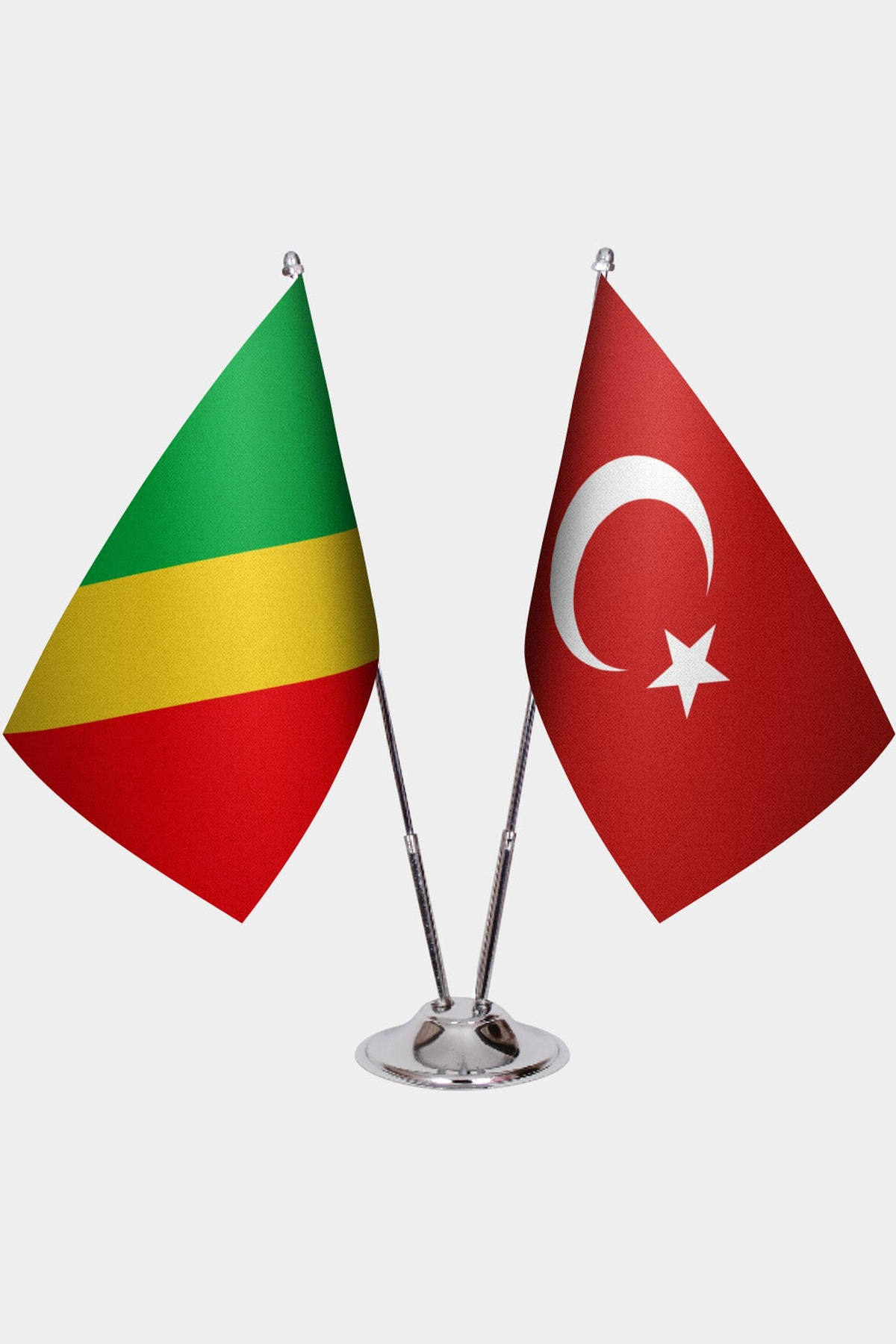 Congo - Brazzaville and Türkiye dual desk flag set with chrome silver pedestal, satin office table flag