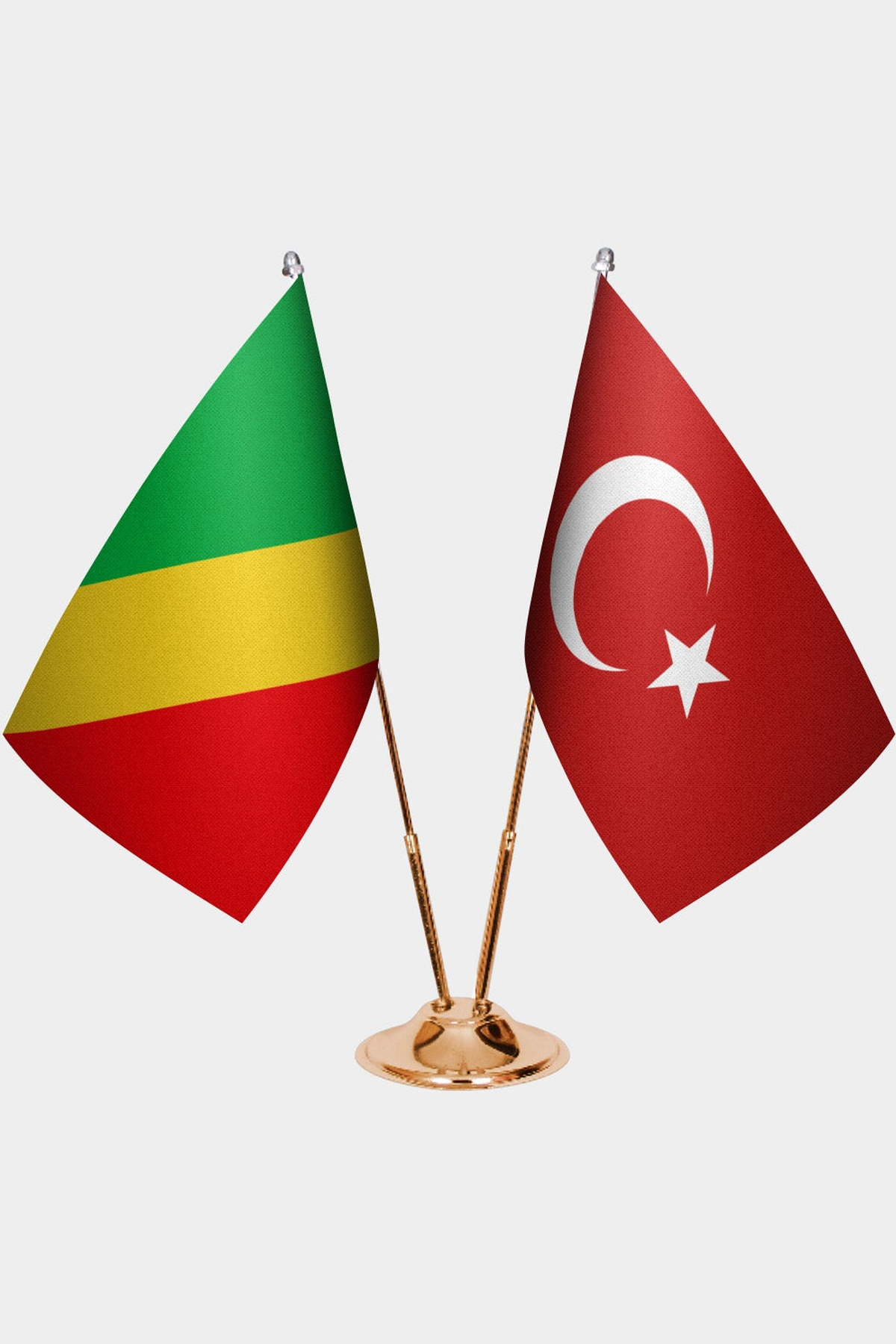 Congo - Brazzaville and Türkiye dual desk flag set with gold pedestal, satin office table flag