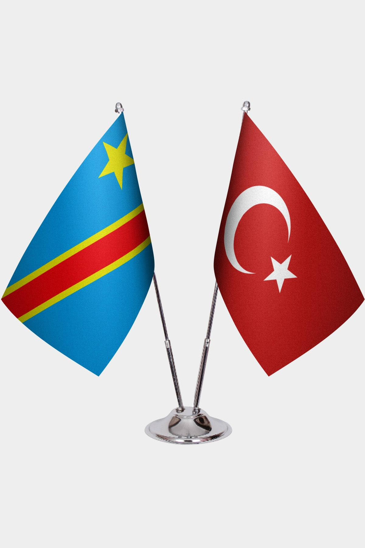 Congo - Kinshasa and Türkiye dual desk flag set with chrome silver pedestal, satin office table flag
