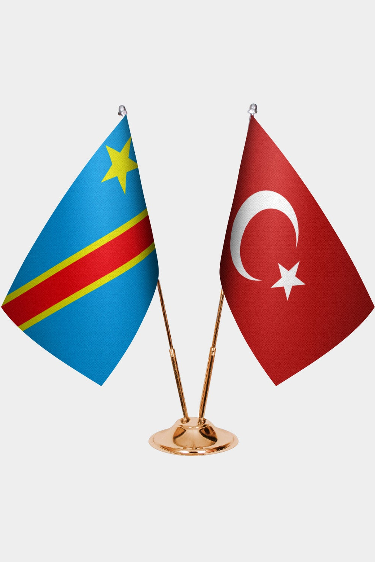 Congo - Kinshasa and Türkiye dual desk flag set with gold pedestal, satin office table flag