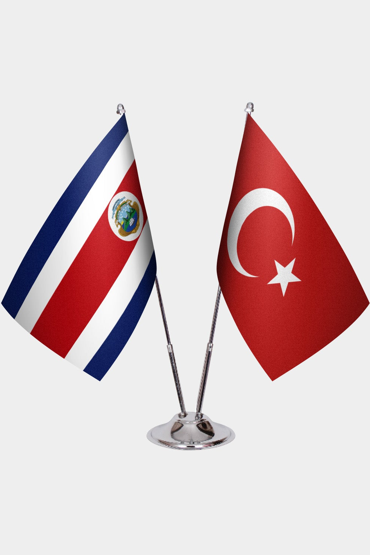 Costa Rica and Türkiye dual desk flag set with chrome silver pedestal, satin office table flag