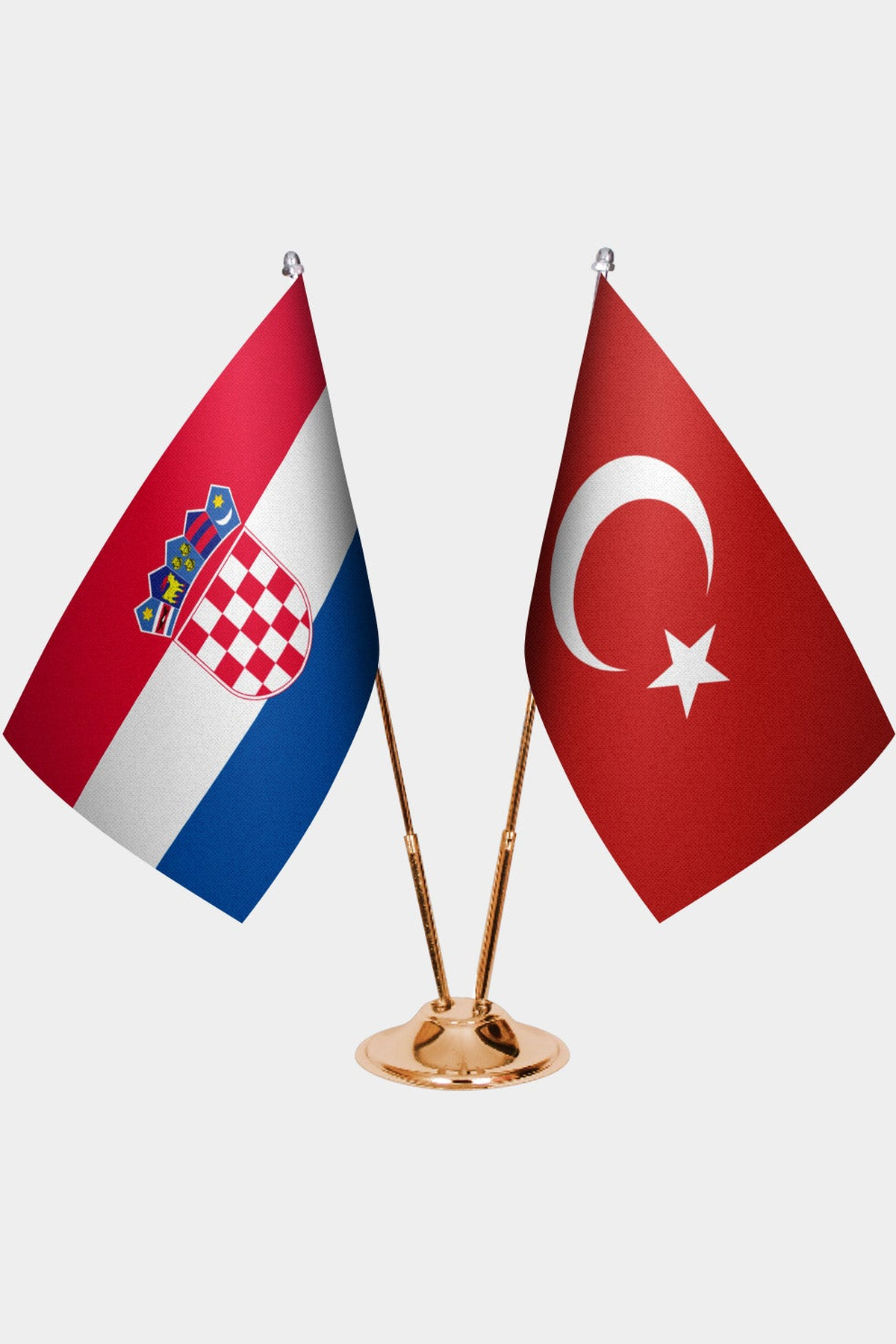 Croatia and Türkiye dual desk flag set with gold pedestal, satin office table flag