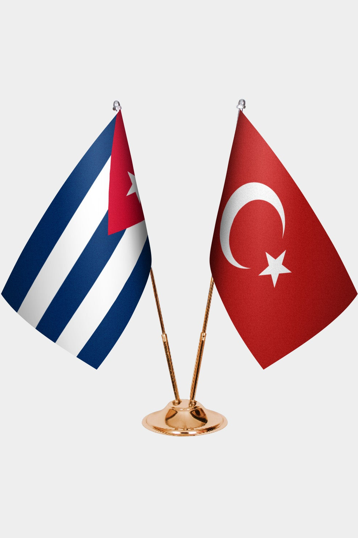Cuba and Türkiye dual desk flag set with gold pedestal, satin office table flag