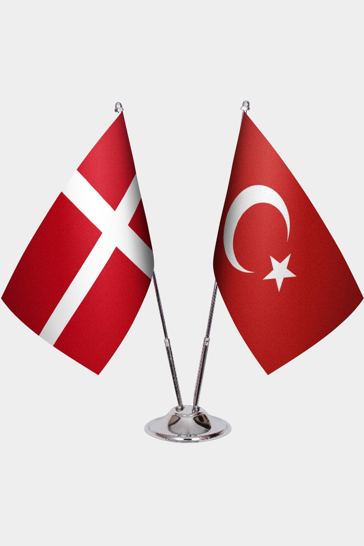 Denmark and Türkiye dual desk flag set with chrome silver pedestal, satin office table flag