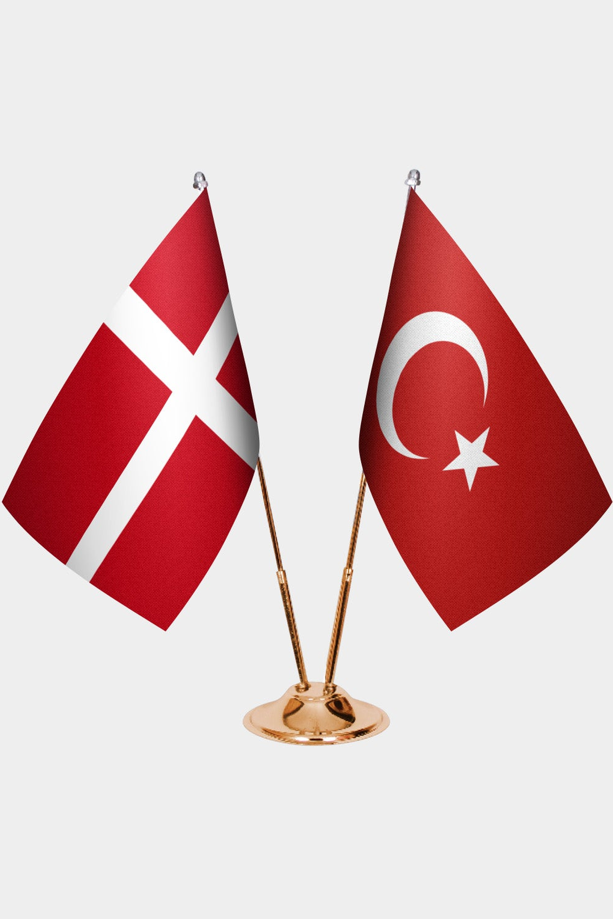 Denmark and Türkiye dual desk flag set with gold pedestal, satin office table flag