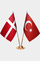Denmark and Türkiye dual desk flag set with gold pedestal, satin office table flag