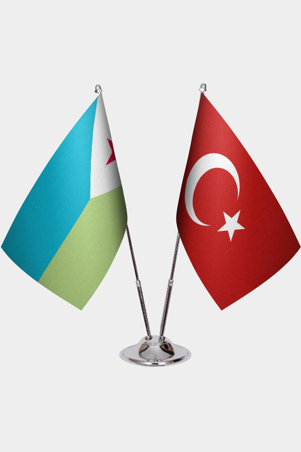 Djibouti and Türkiye dual desk flag set with chrome silver pedestal, satin office table flag