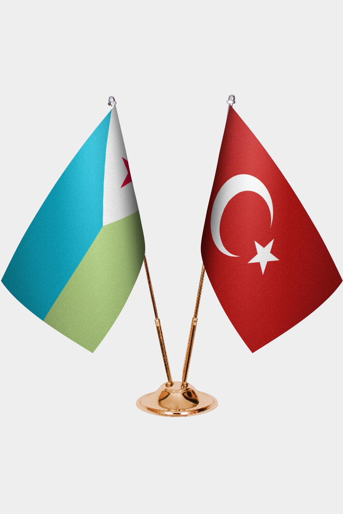 Djibouti and Türkiye dual desk flag set with gold pedestal, satin office table flag