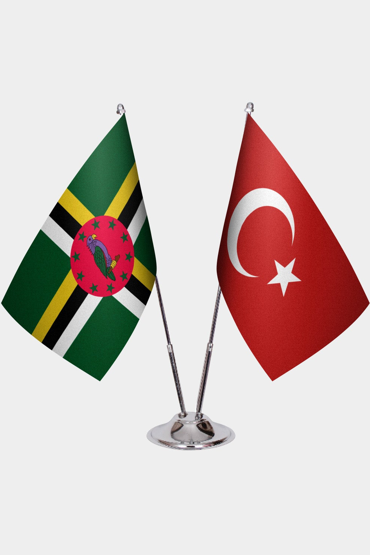 Dominica and Türkiye dual desk flag set with chrome silver pedestal, satin office table flag
