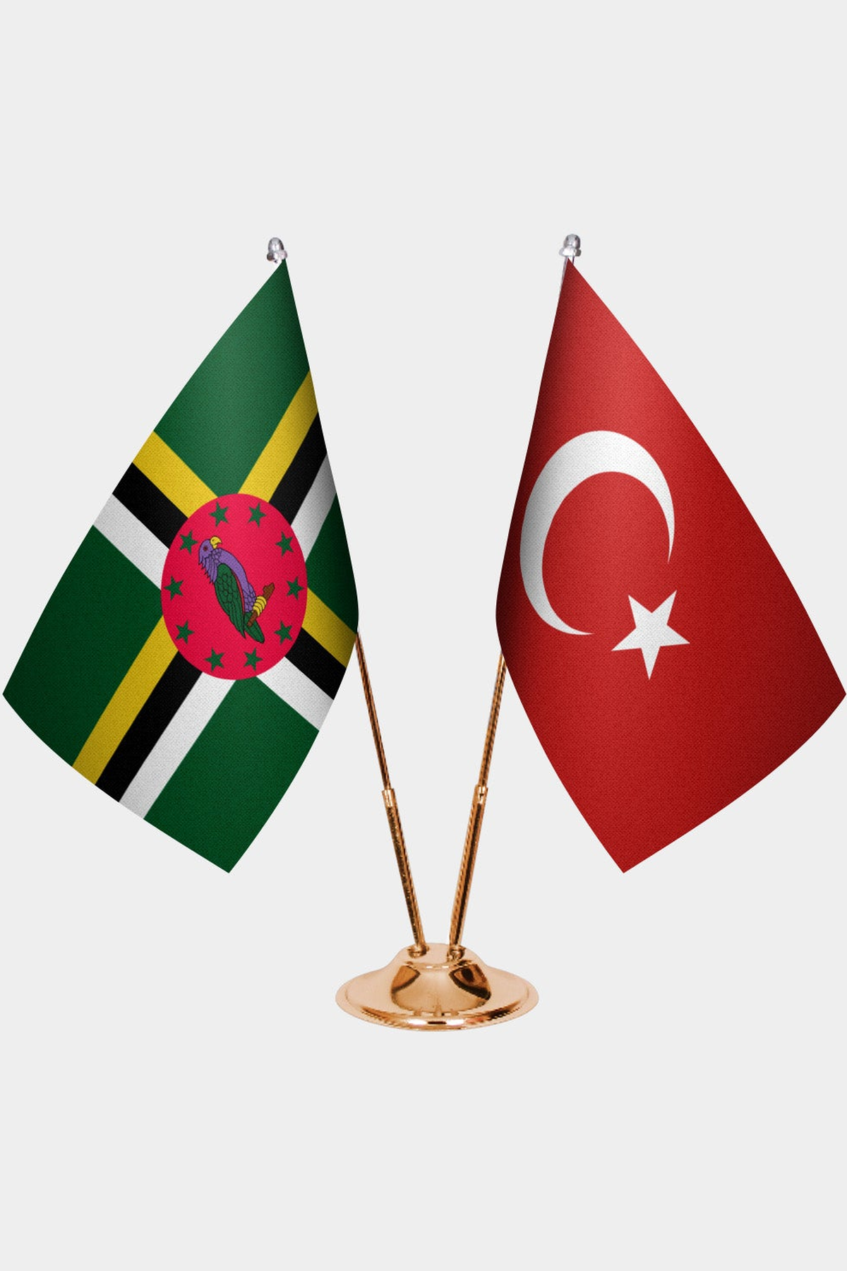 Dominica and Türkiye dual desk flag set with gold pedestal, satin office table flag
