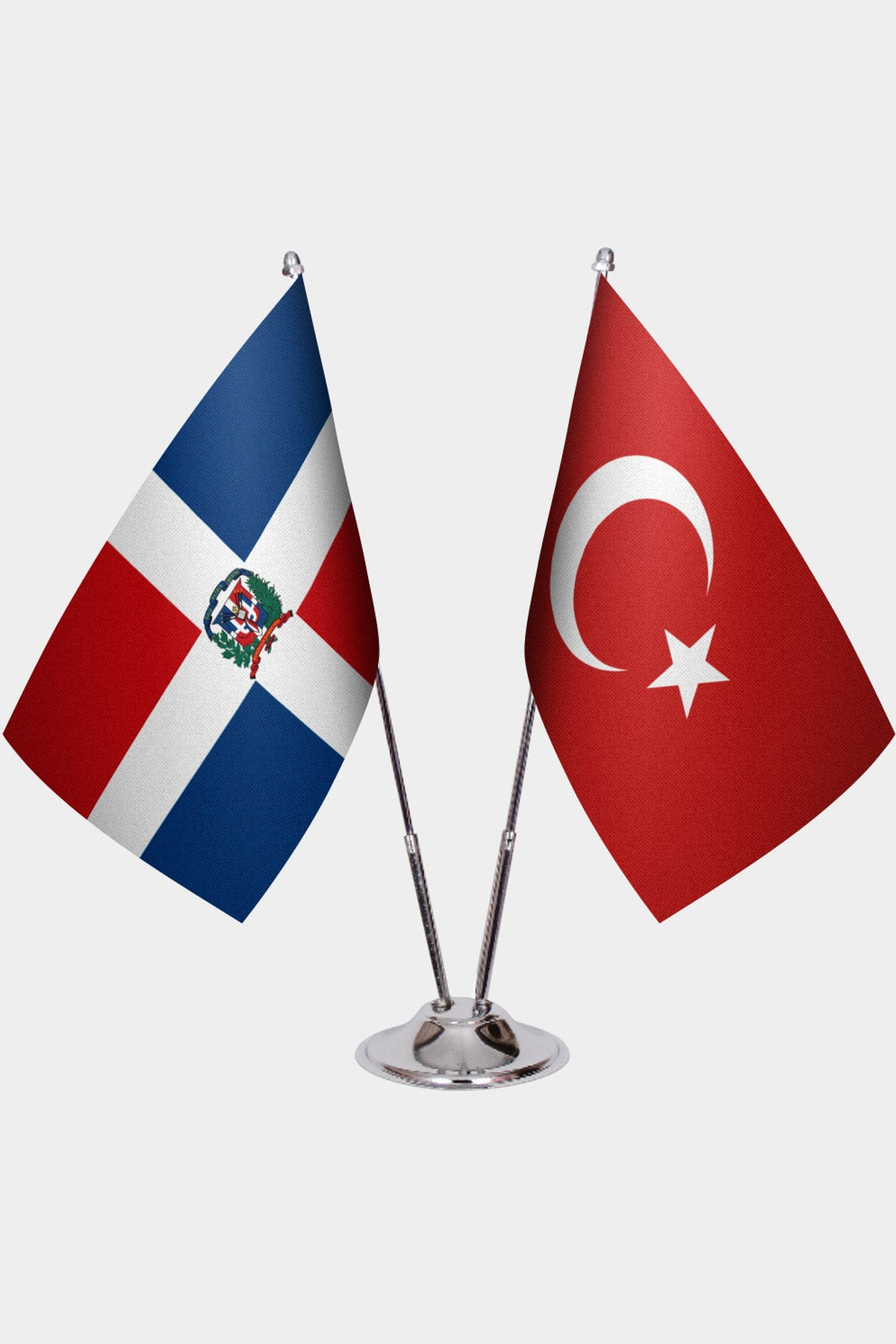 Dominican Republic and Türkiye dual desk flag set with chrome silver pedestal, satin office table flag