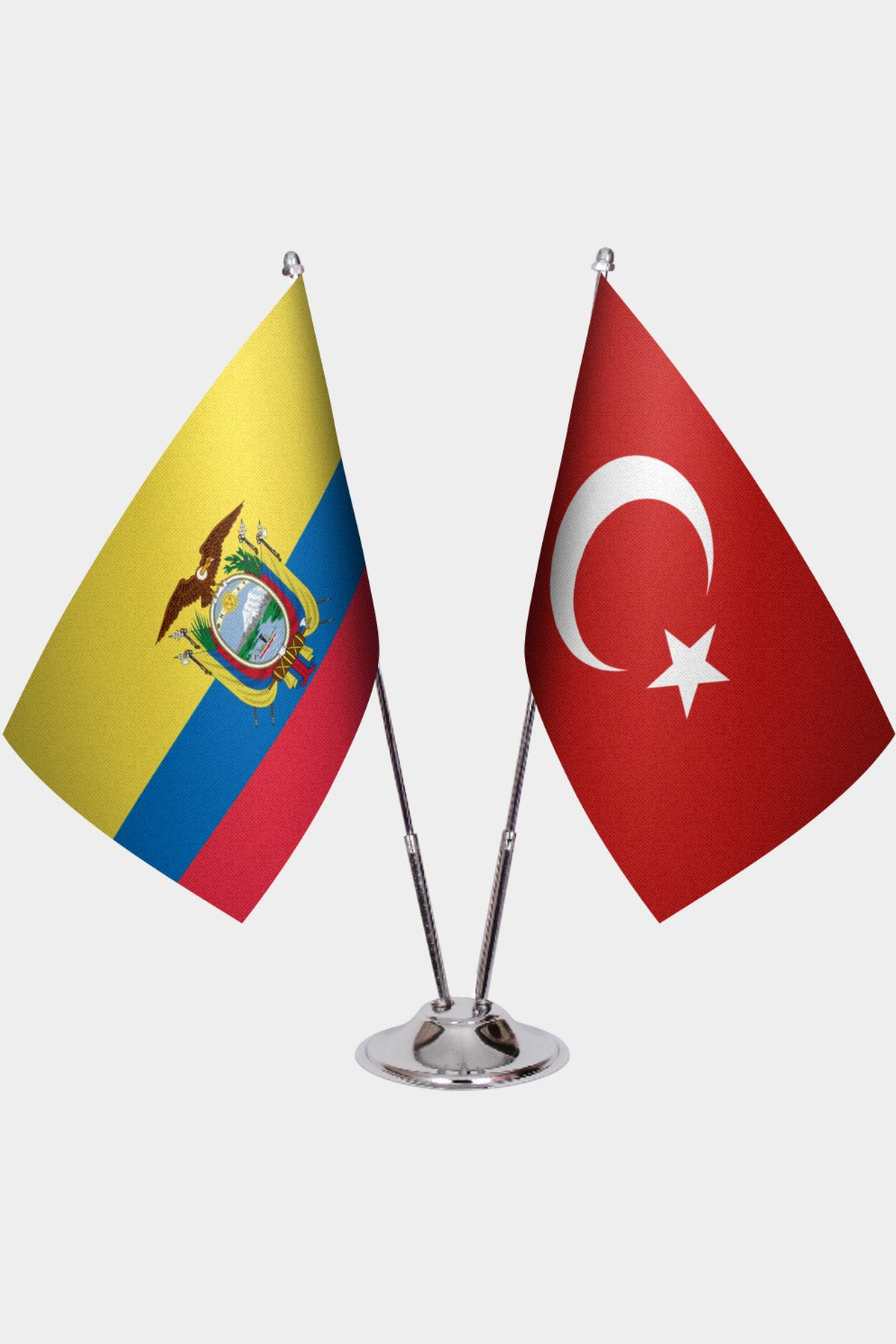 Ecuador and Türkiye dual desk flag set with chrome silver pedestal, satin office table flag