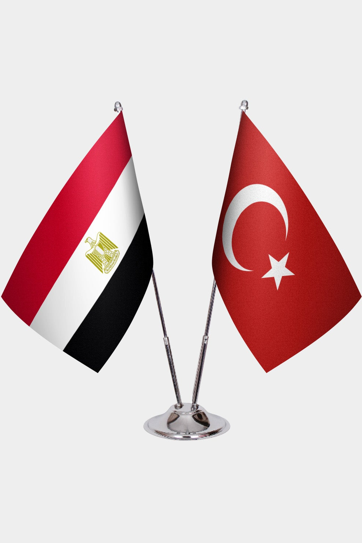 Egypt and Türkiye dual desk flag set with chrome silver pedestal, satin office table flag
