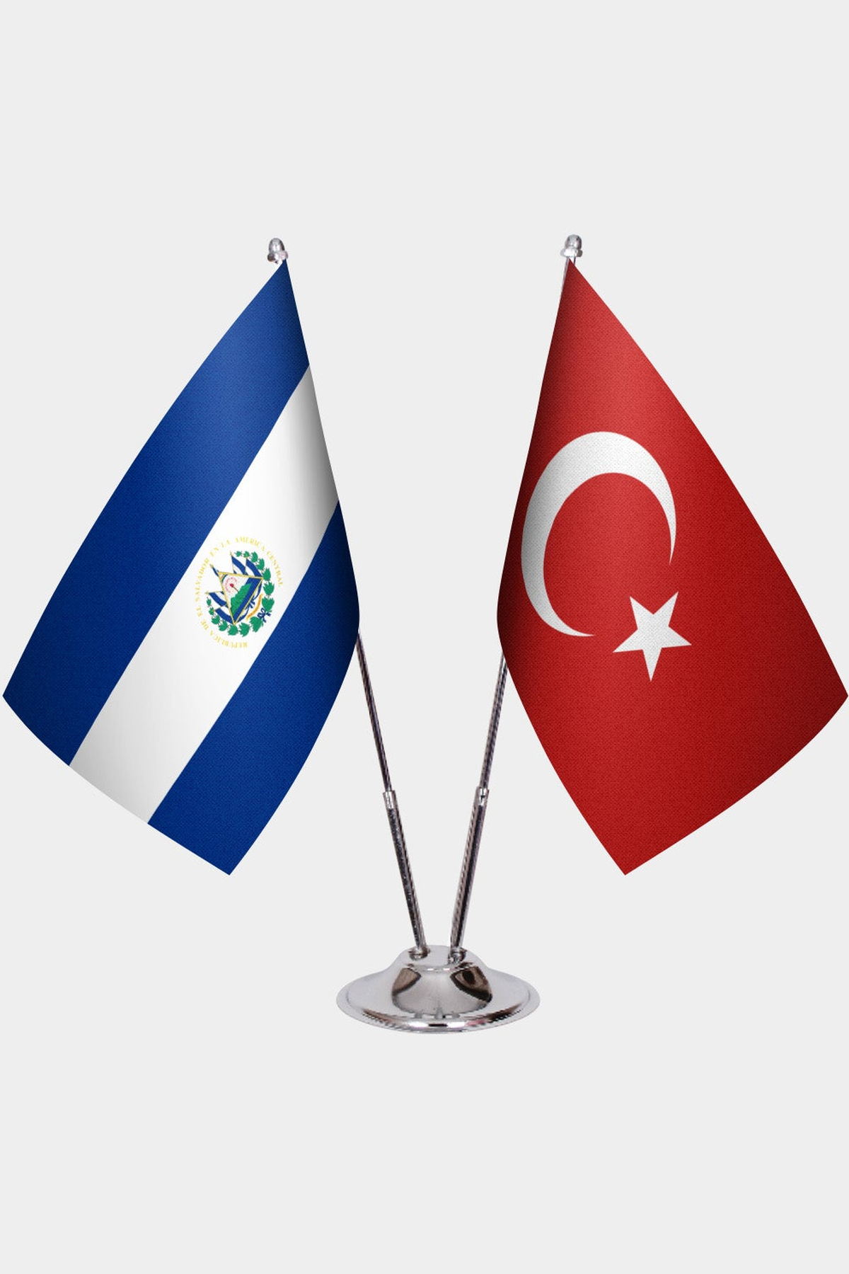 El Salvador and Türkiye dual desk flag set with chrome silver pedestal, satin office table flag