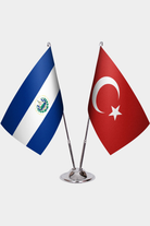 El Salvador and Türkiye dual desk flag set with chrome silver pedestal, satin office table flag