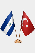 El Salvador and Türkiye dual desk flag set with gold pedestal, satin office table flag