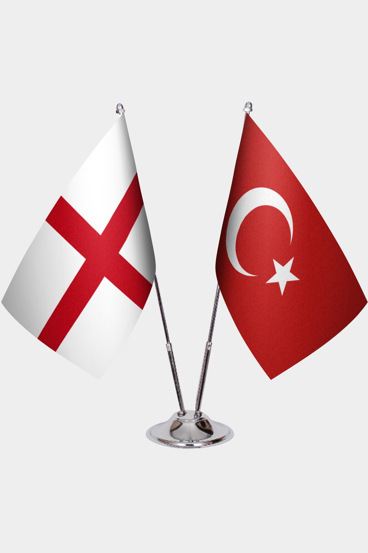 England and Türkiye dual desk flag set with chrome silver pedestal, satin office table flag