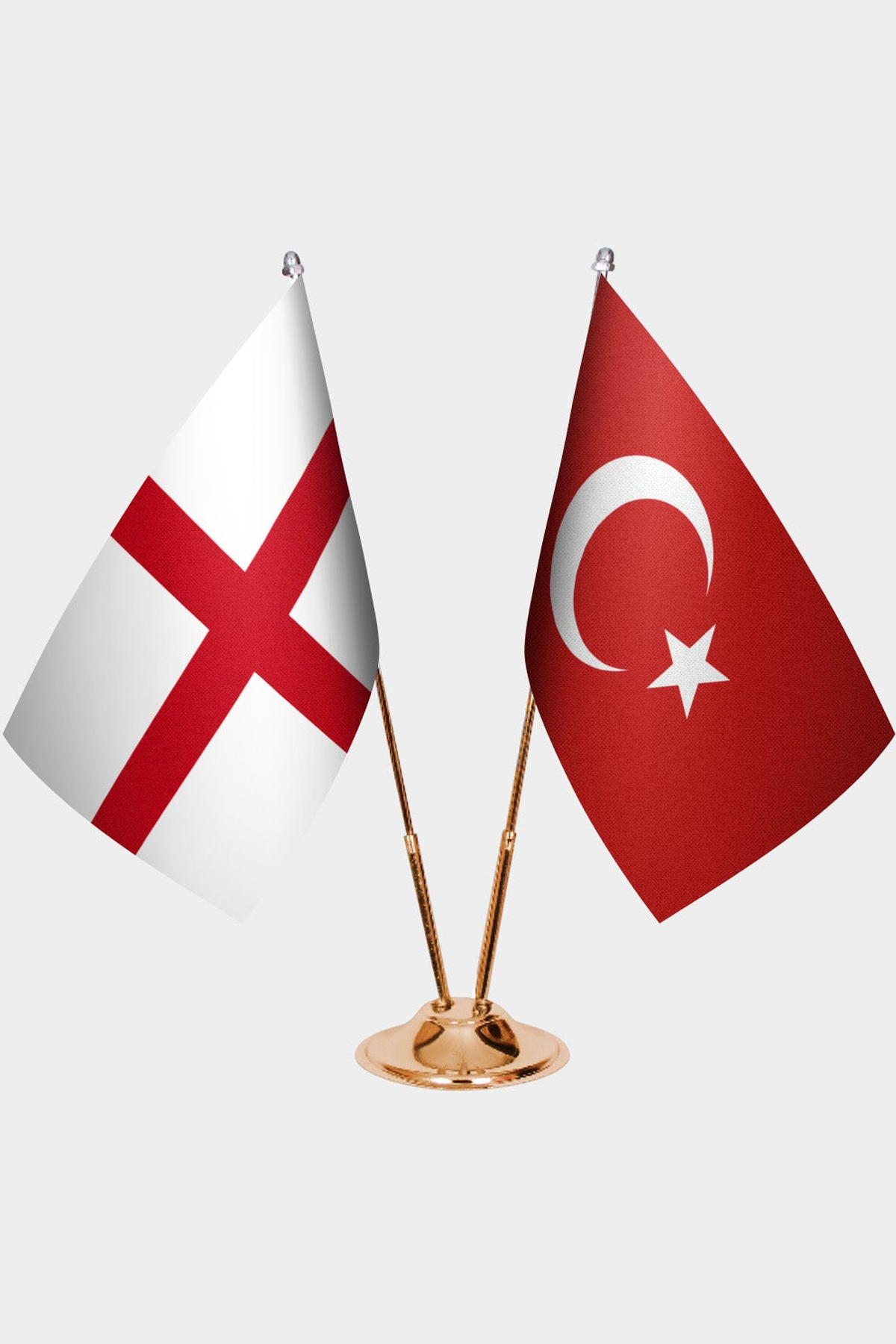 England and Türkiye dual desk flag set with gold pedestal, satin office table flag