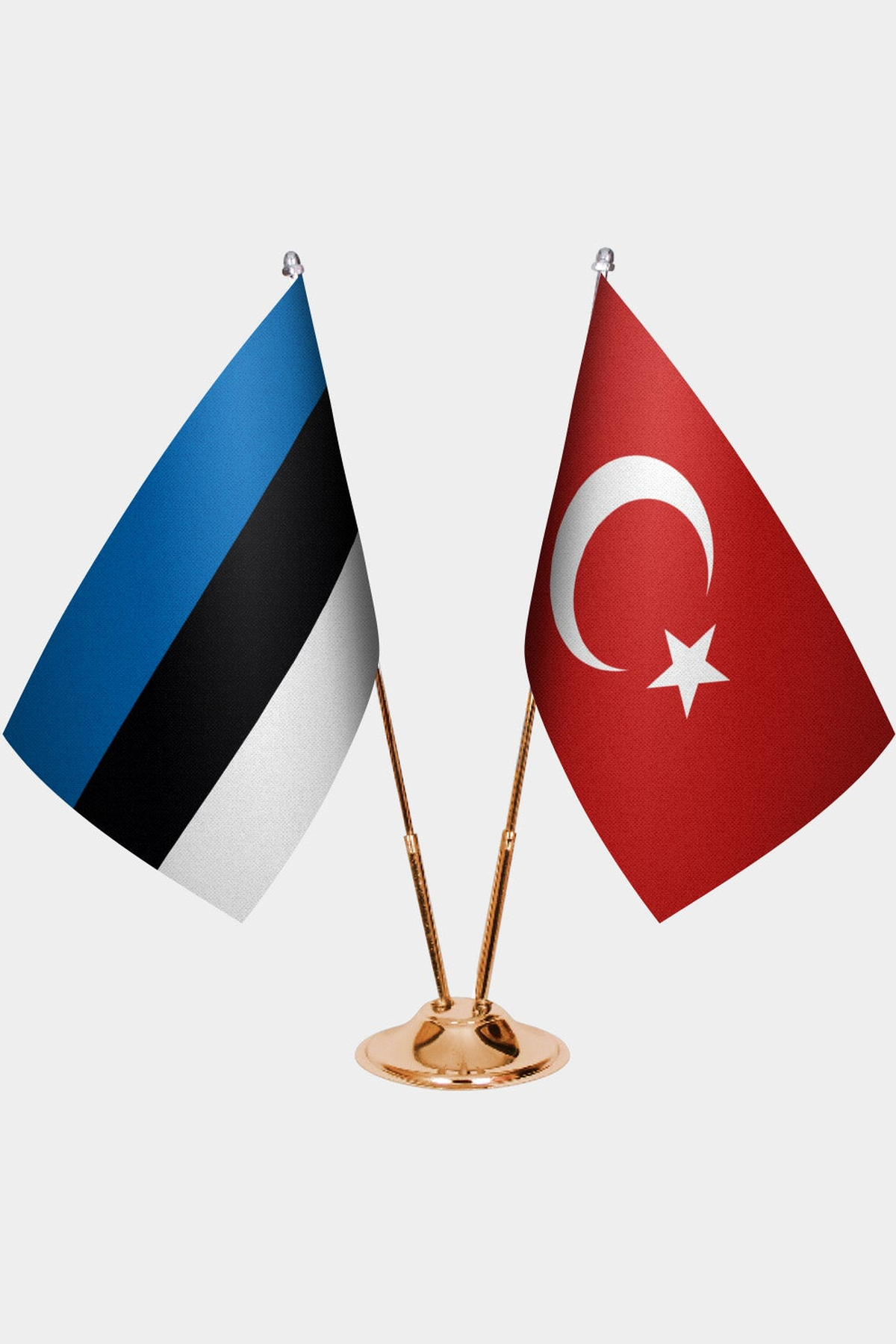Estonia and Türkiye dual desk flag set with gold pedestal, satin office table flag