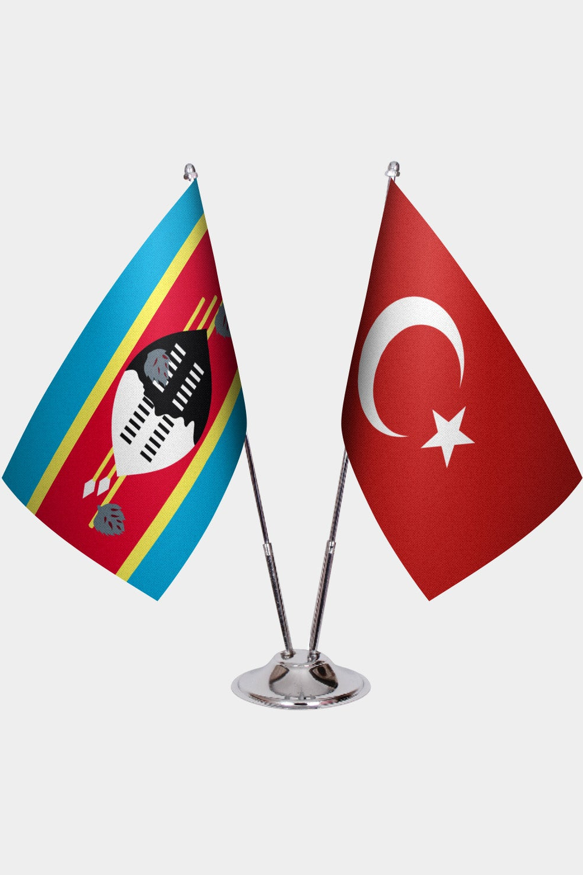 Eswatini and Türkiye dual desk flag set with chrome silver pedestal, satin office table flag