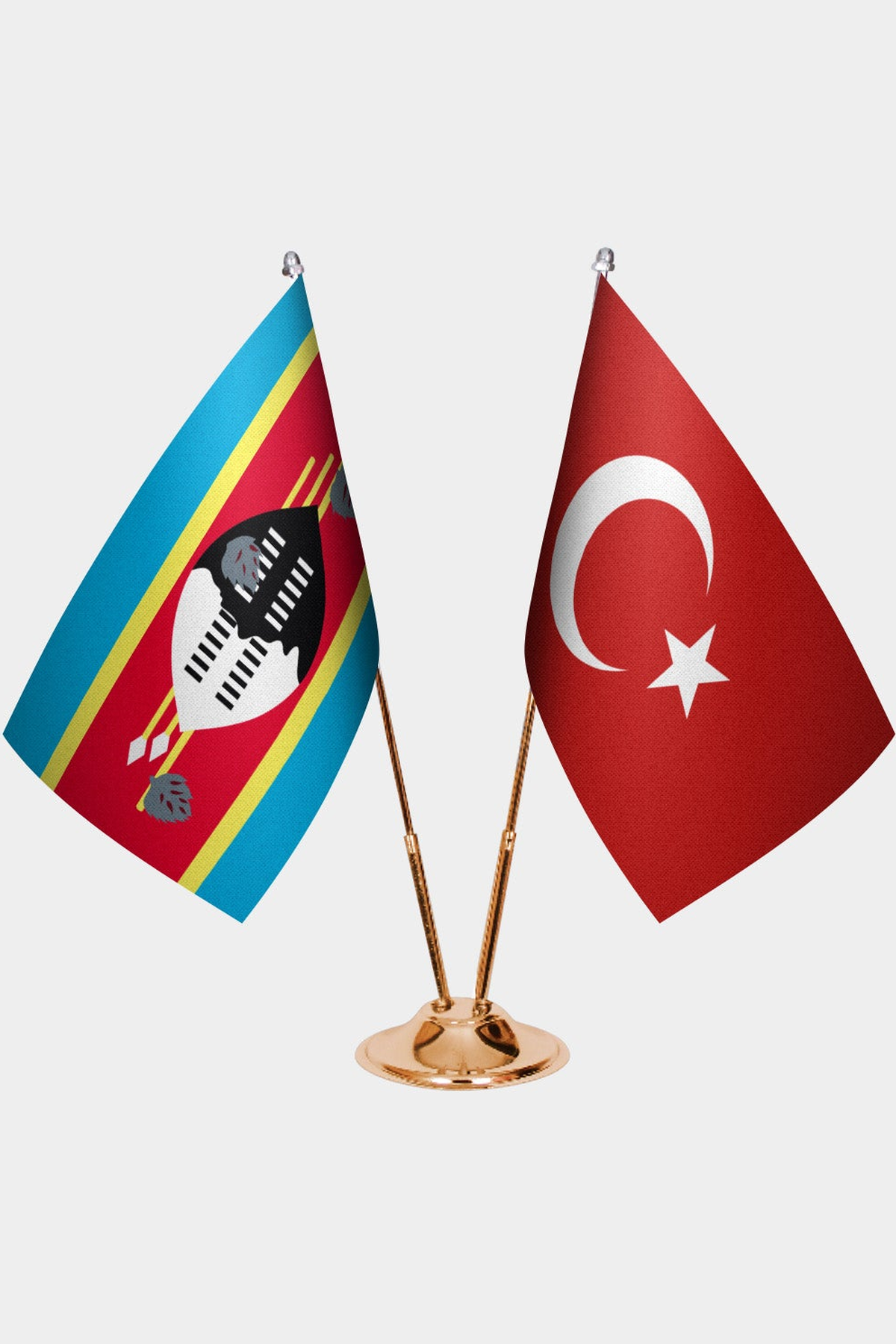 Eswatini and Türkiye dual desk flag set with gold pedestal, satin office table flag
