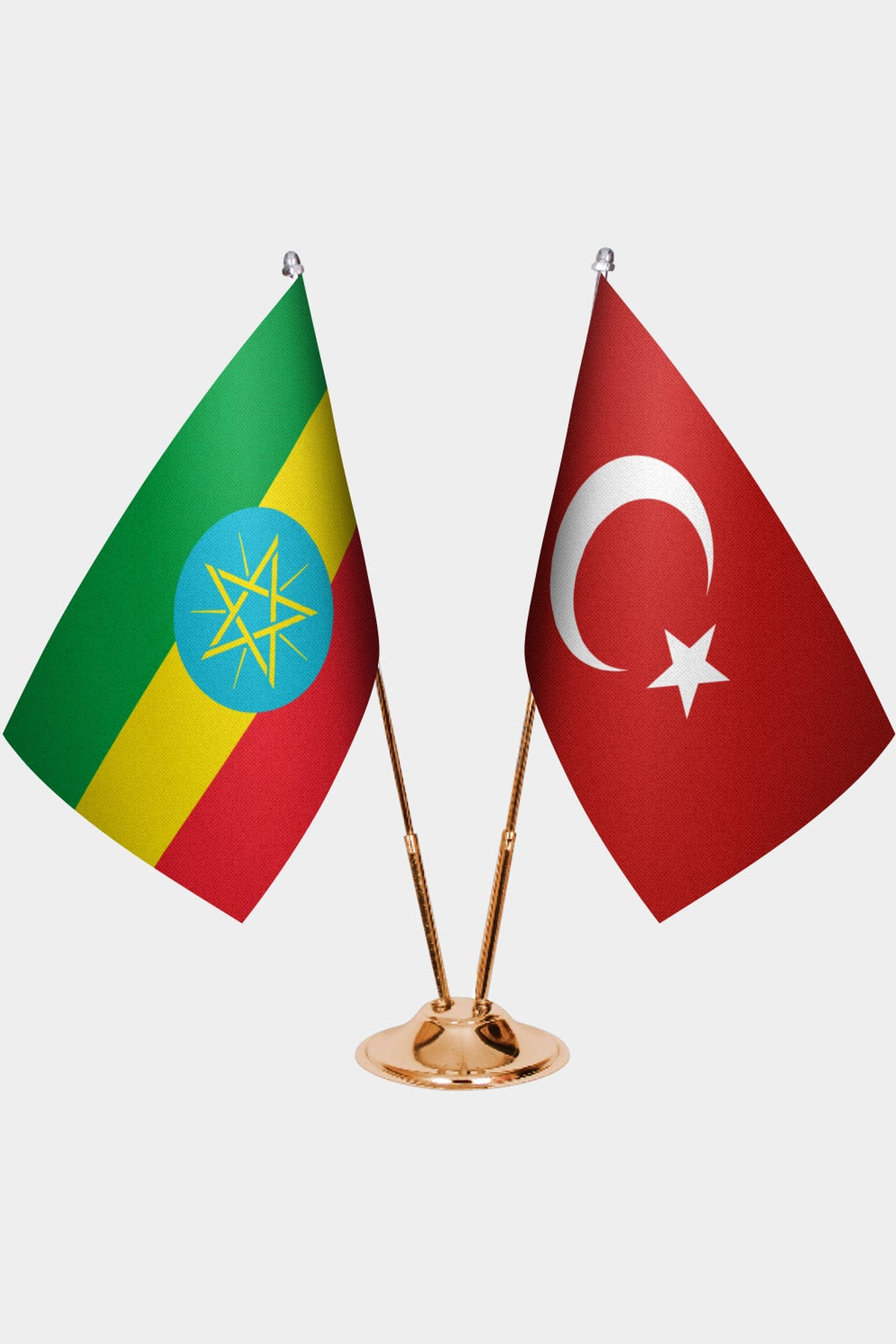 Ethiopia and Türkiye dual desk flag set with gold pedestal, satin office table flag