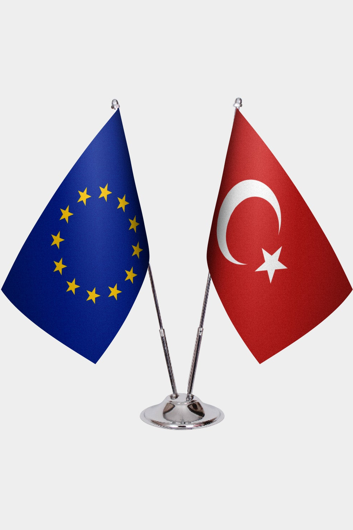European Union and Türkiye dual desk flag set with chrome silver pedestal, satin office table flag