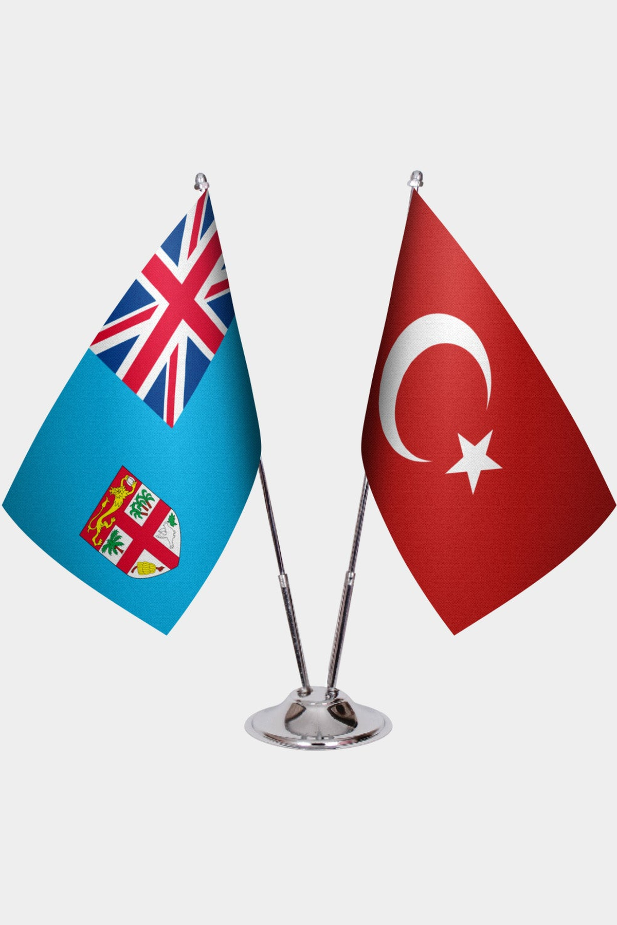 Fiji and Türkiye dual desk flag set with chrome silver pedestal, satin office table flag