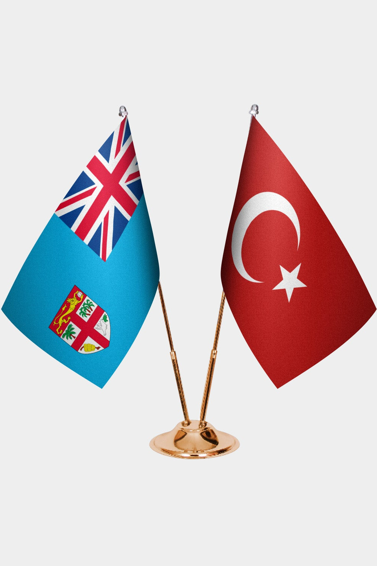 Fiji and Türkiye dual desk flag set with gold pedestal, satin office table flag