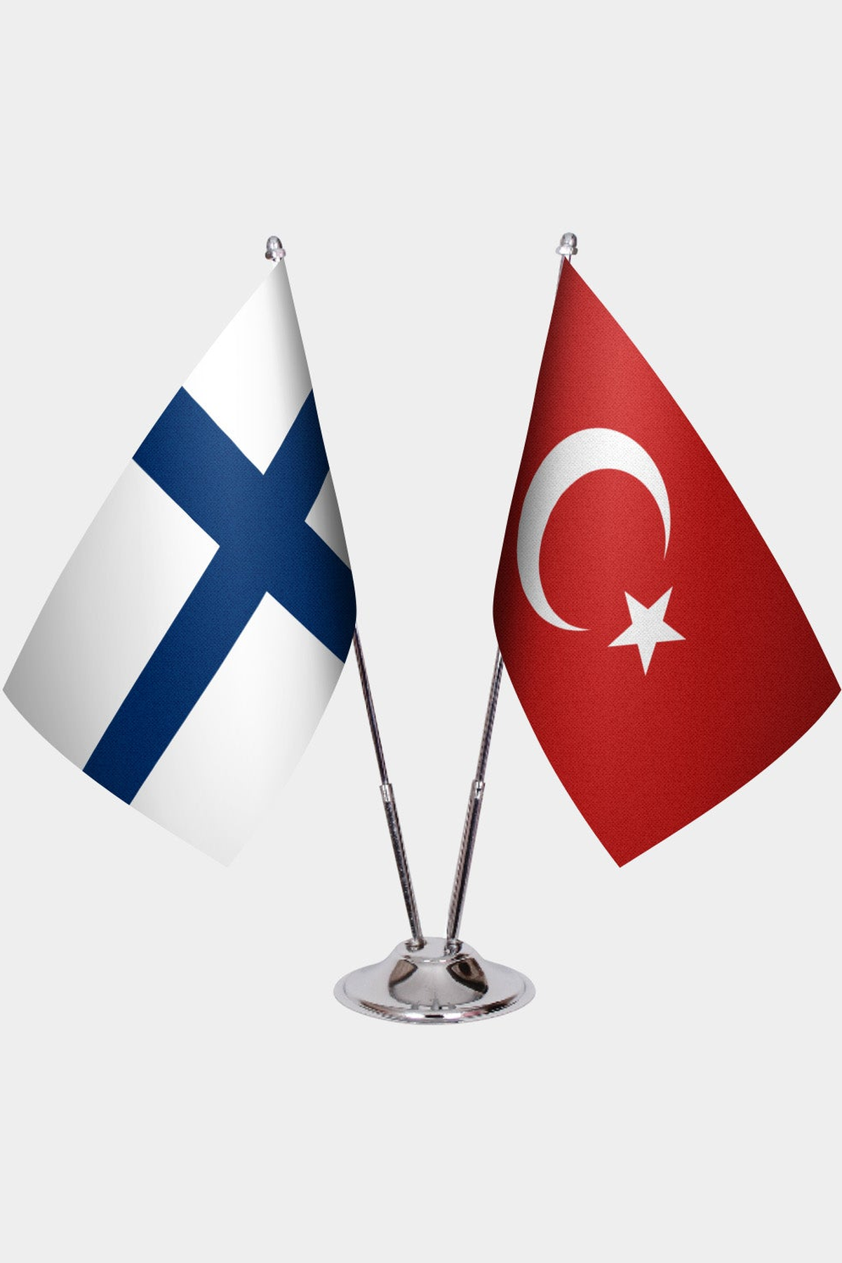 Finland and Türkiye dual desk flag set with chrome silver pedestal, satin office table flag