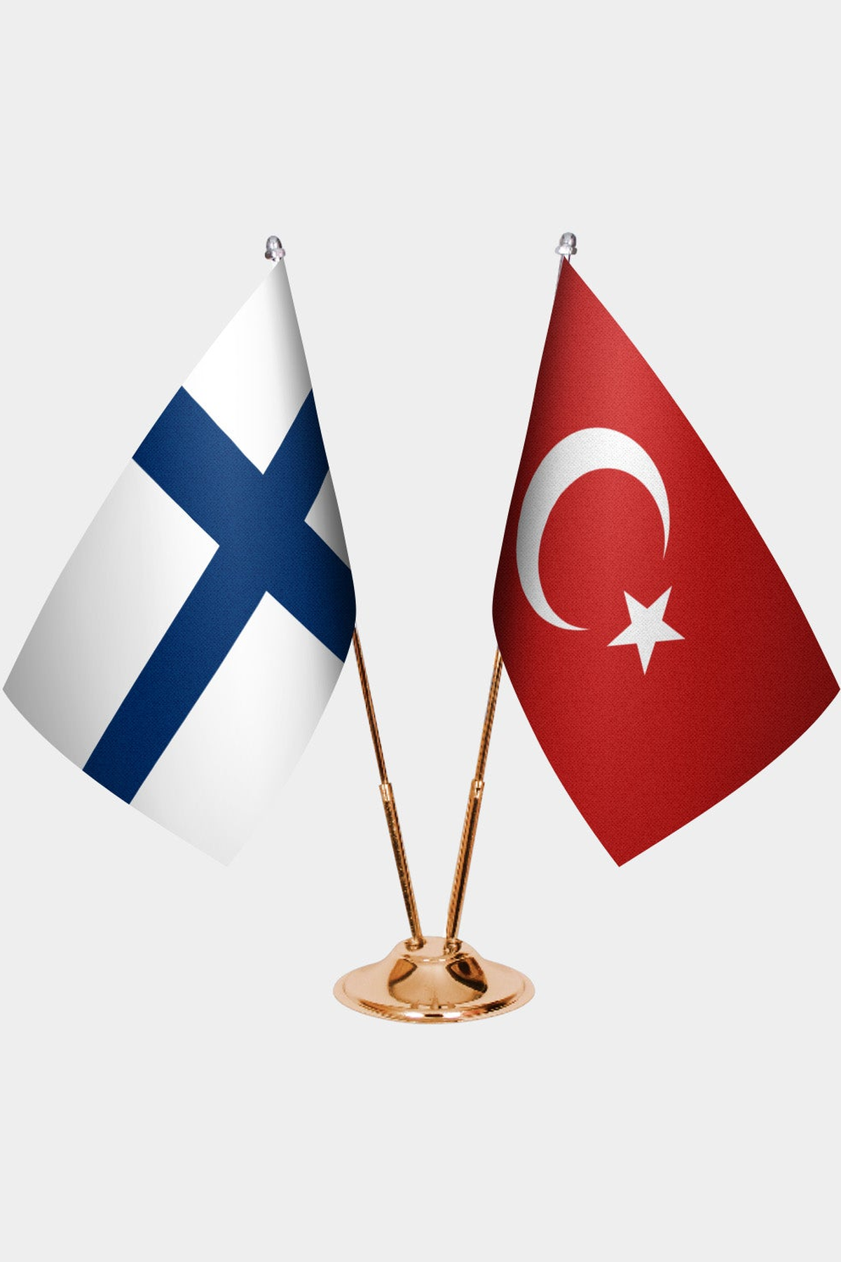 Finland and Türkiye dual desk flag set with gold pedestal, satin office table flag