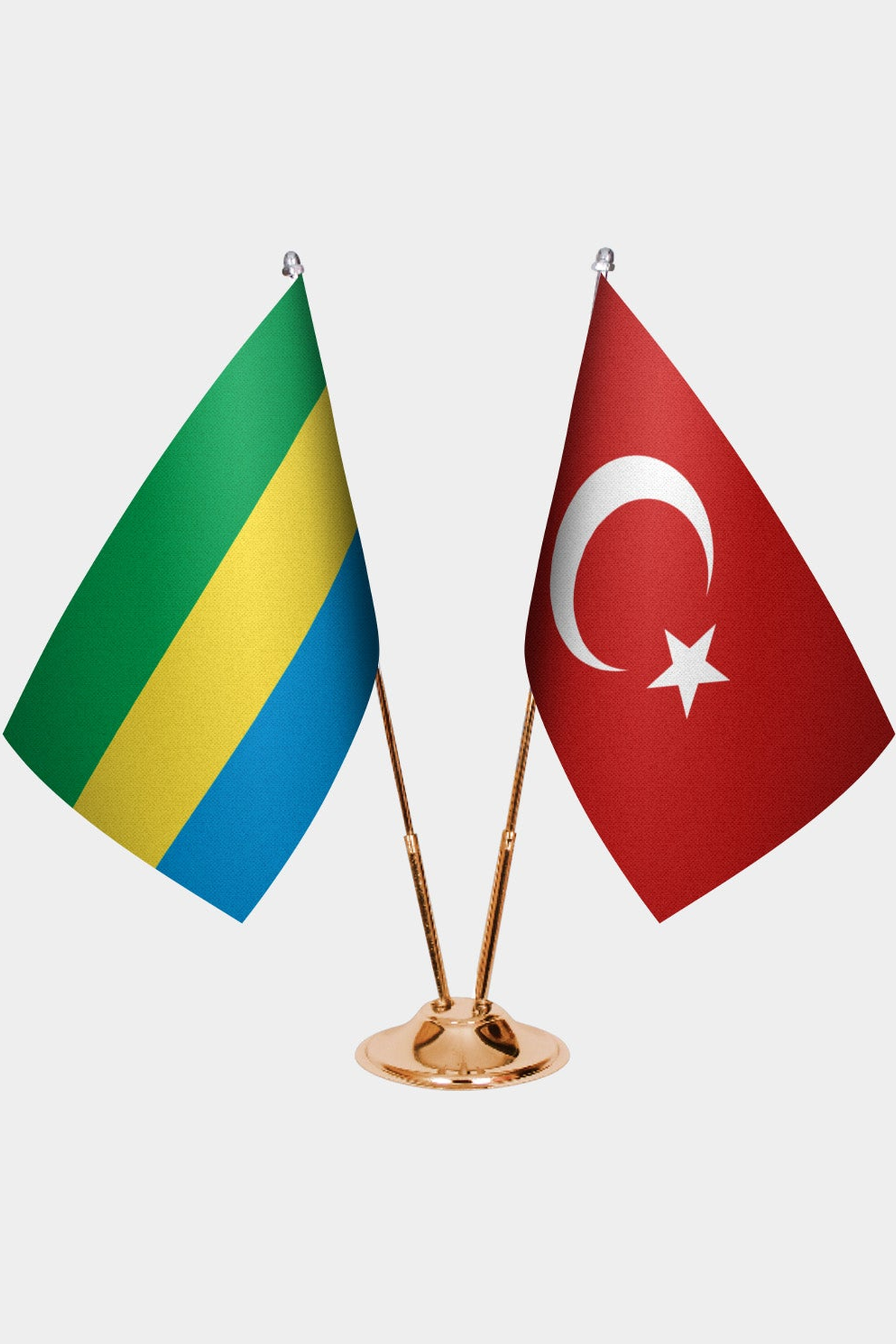 Gabon and Türkiye dual desk flag set with gold pedestal, satin office table flag