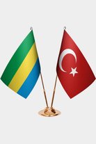 Gabon and Türkiye dual desk flag set with gold pedestal, satin office table flag
