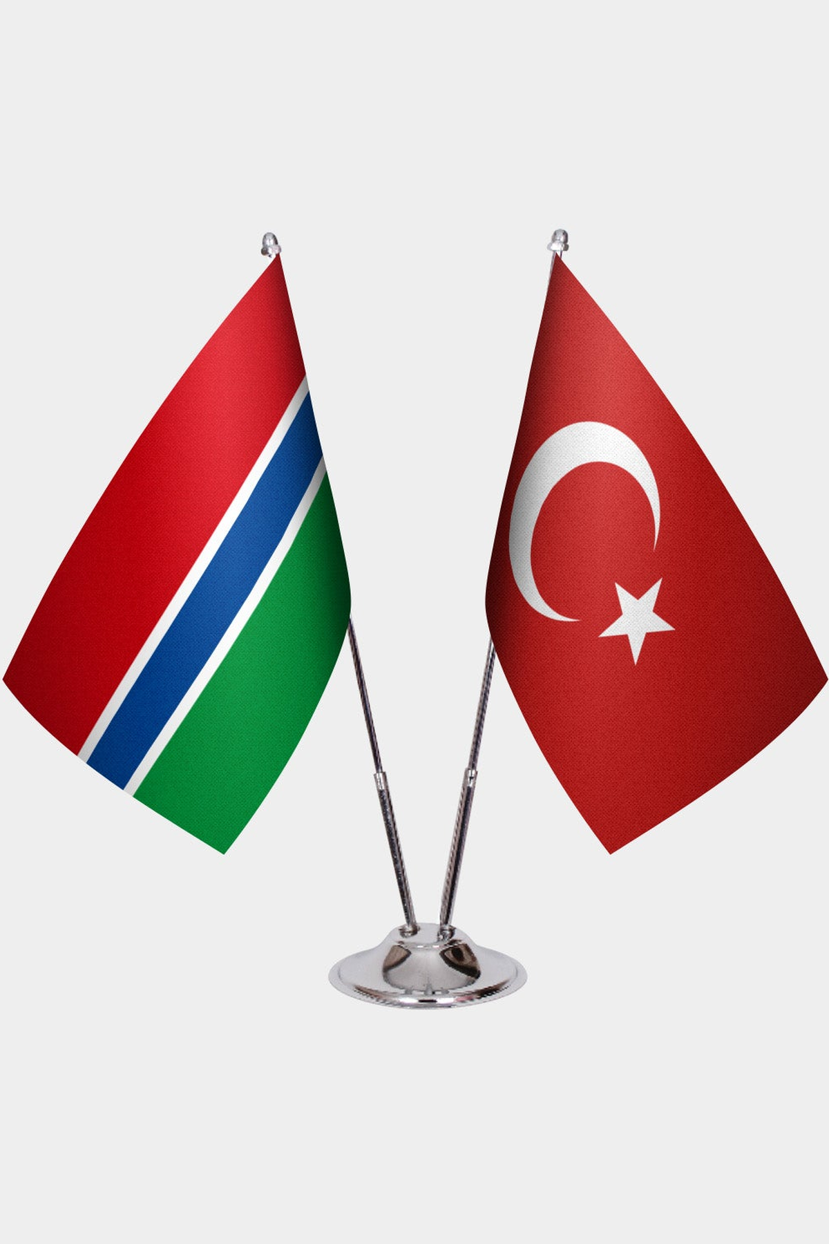 Gambia and Türkiye dual desk flag set with chrome silver pedestal, satin office table flag