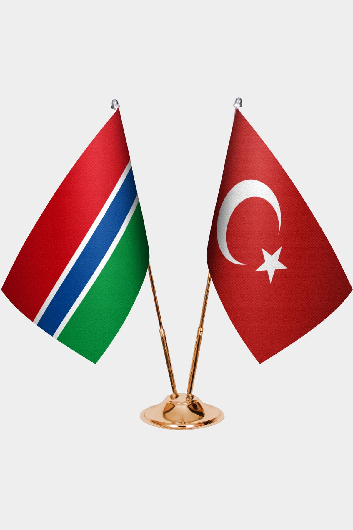 Gambia and Türkiye dual desk flag set with gold pedestal, satin office table flag