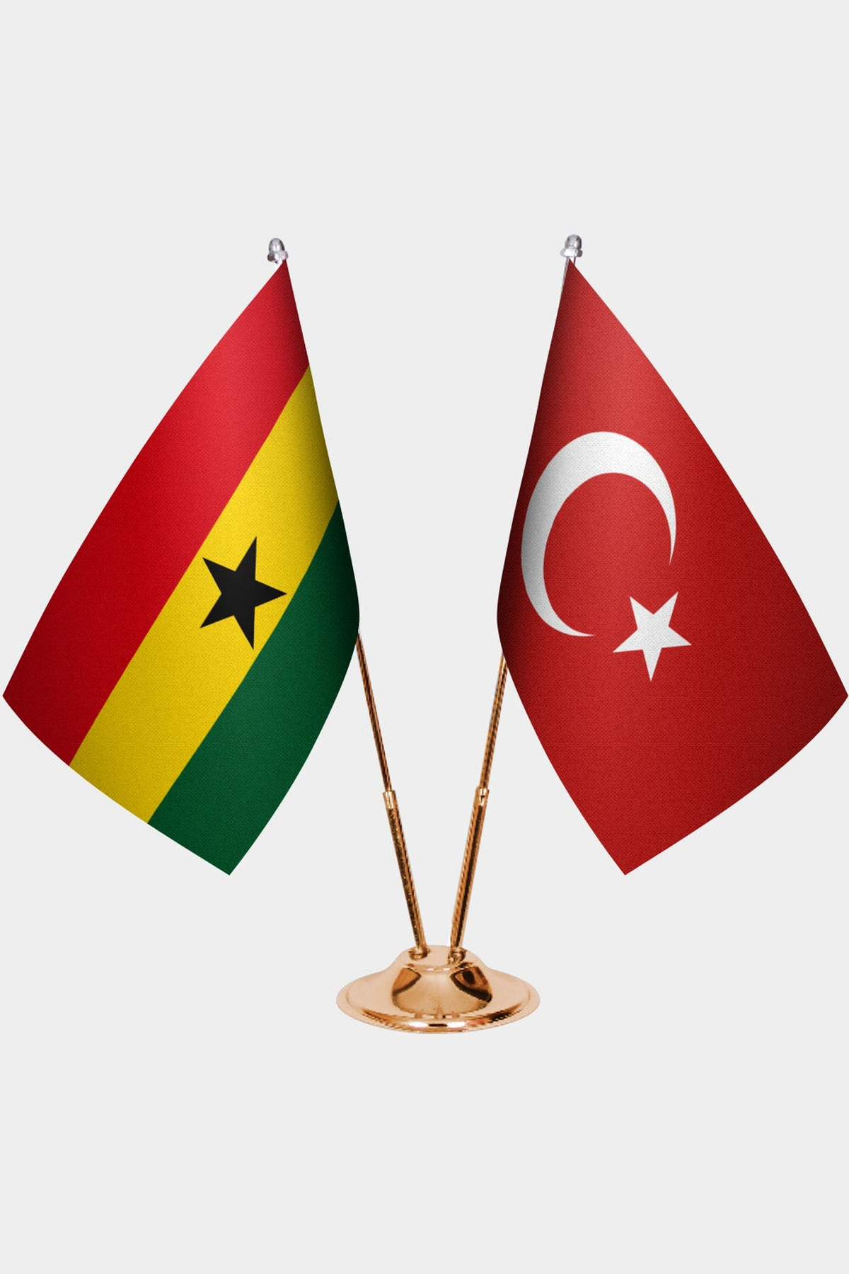 Ghana and Türkiye dual desk flag set with gold pedestal, satin office table flag