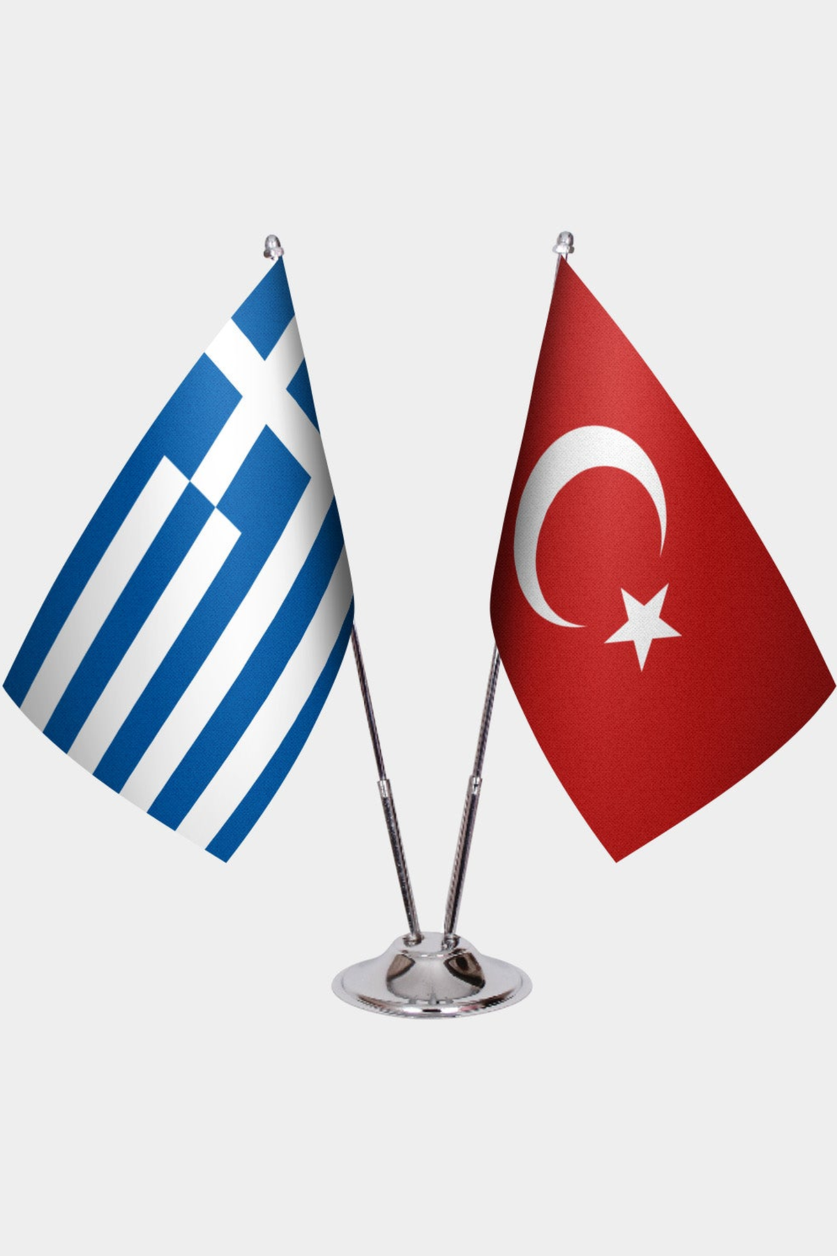 Greece and Türkiye dual desk flag set with chrome silver pedestal, satin office table flag