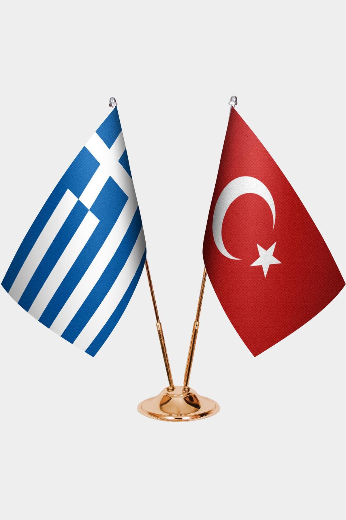 Greece and Türkiye dual desk flag set with gold pedestal, satin office table flag