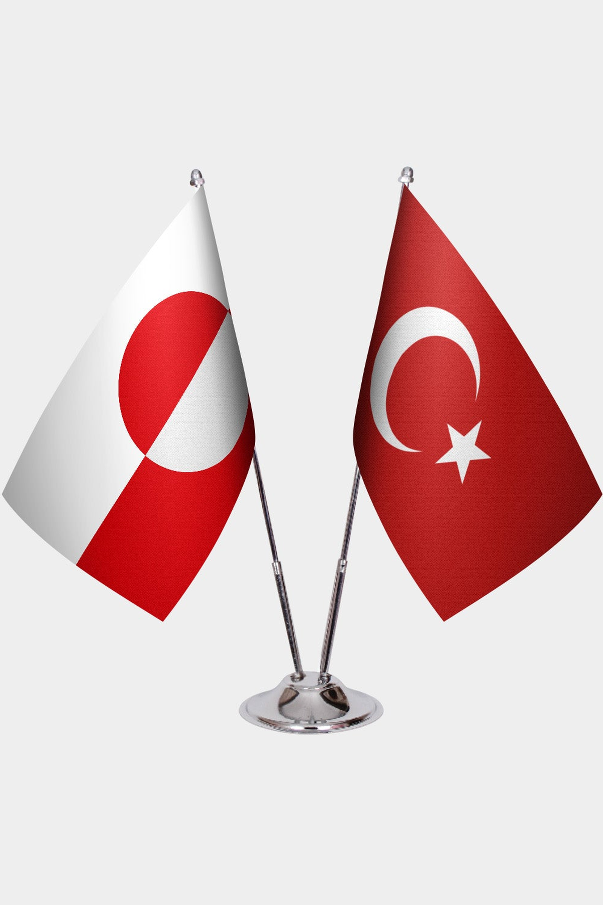 Greenland and Türkiye dual desk flag set with chrome silver pedestal, satin office table flag