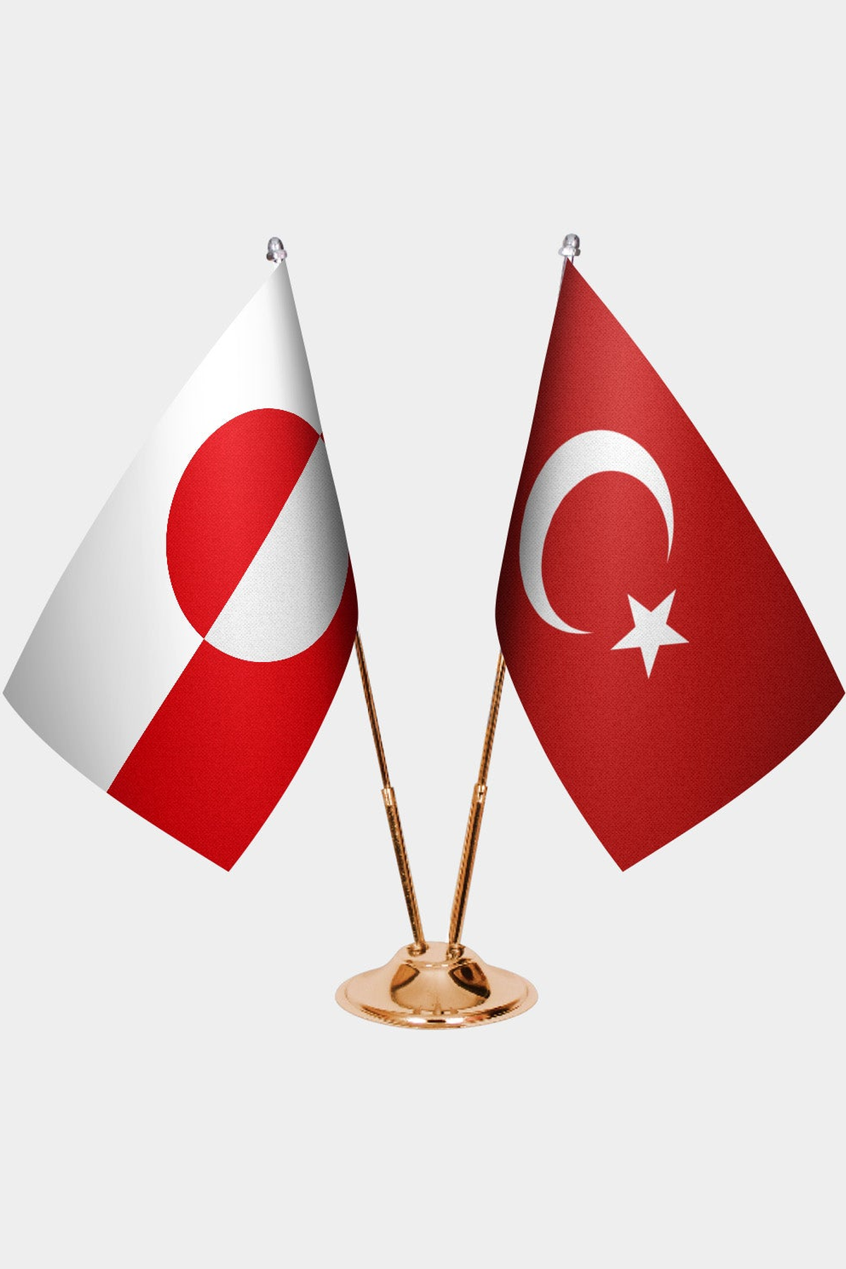 Greenland and Türkiye dual desk flag set with gold pedestal, satin office table flag