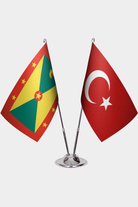 Grenada and Türkiye dual desk flag set with chrome silver pedestal, satin office table flag