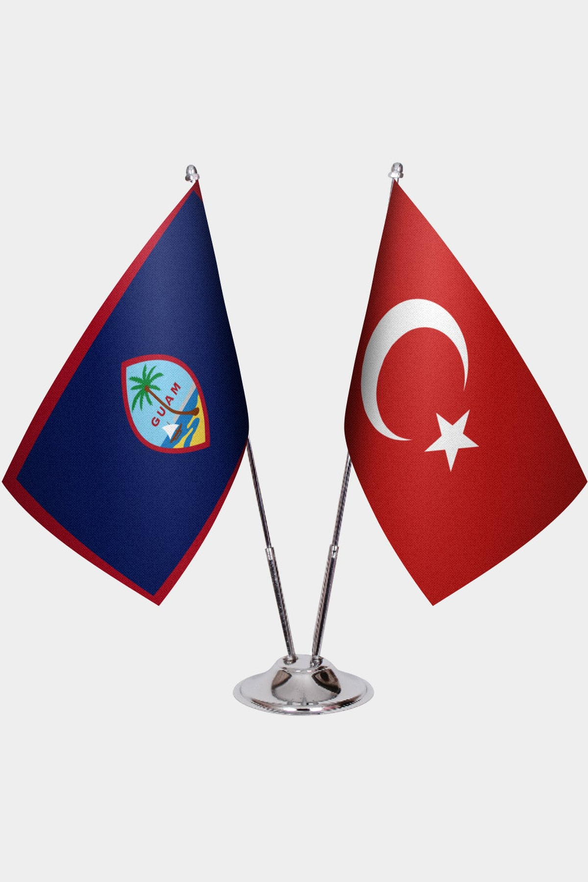 Guam and Türkiye dual desk flag set with chrome silver pedestal, satin office table flag