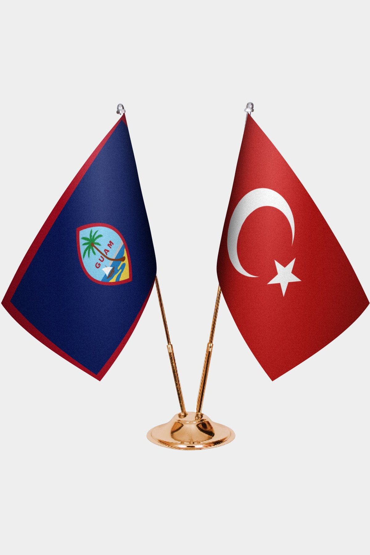 Guam and Türkiye dual desk flag set with gold pedestal, satin office table flag