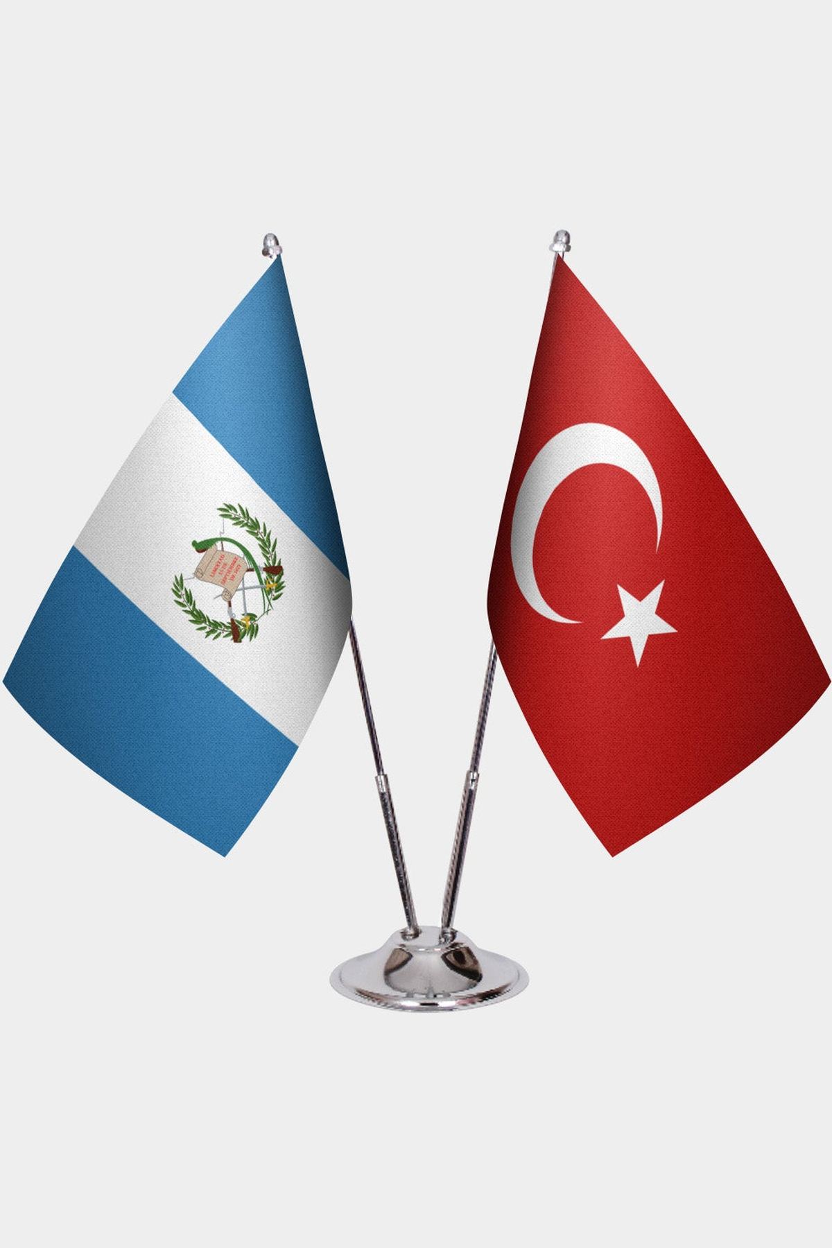 Guatemala and Türkiye dual desk flag set with chrome silver pedestal, satin office table flag