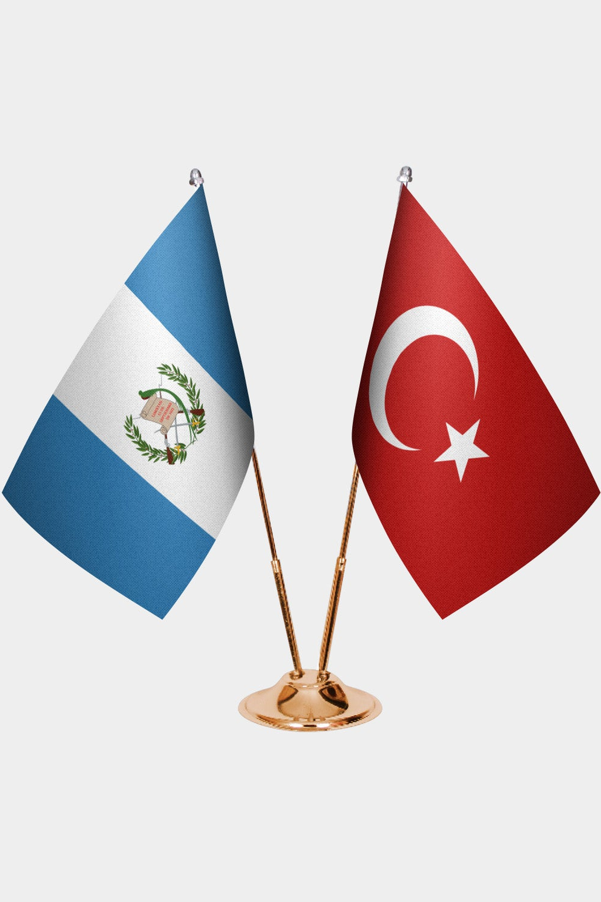Guatemala and Türkiye dual desk flag set with gold pedestal, satin office table flag