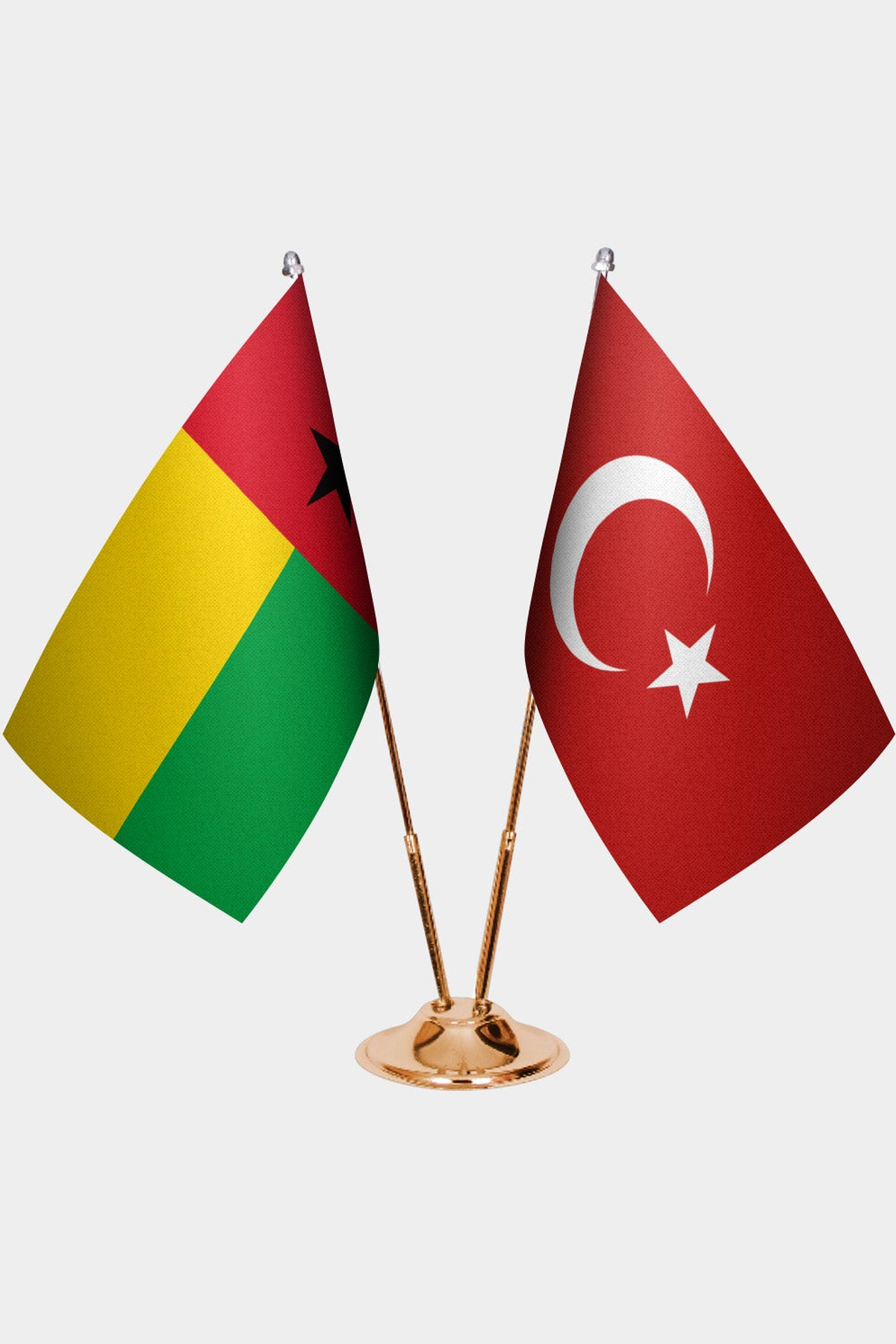 Guinea-Bissau and Türkiye dual desk flag set with gold pedestal, satin office table flag