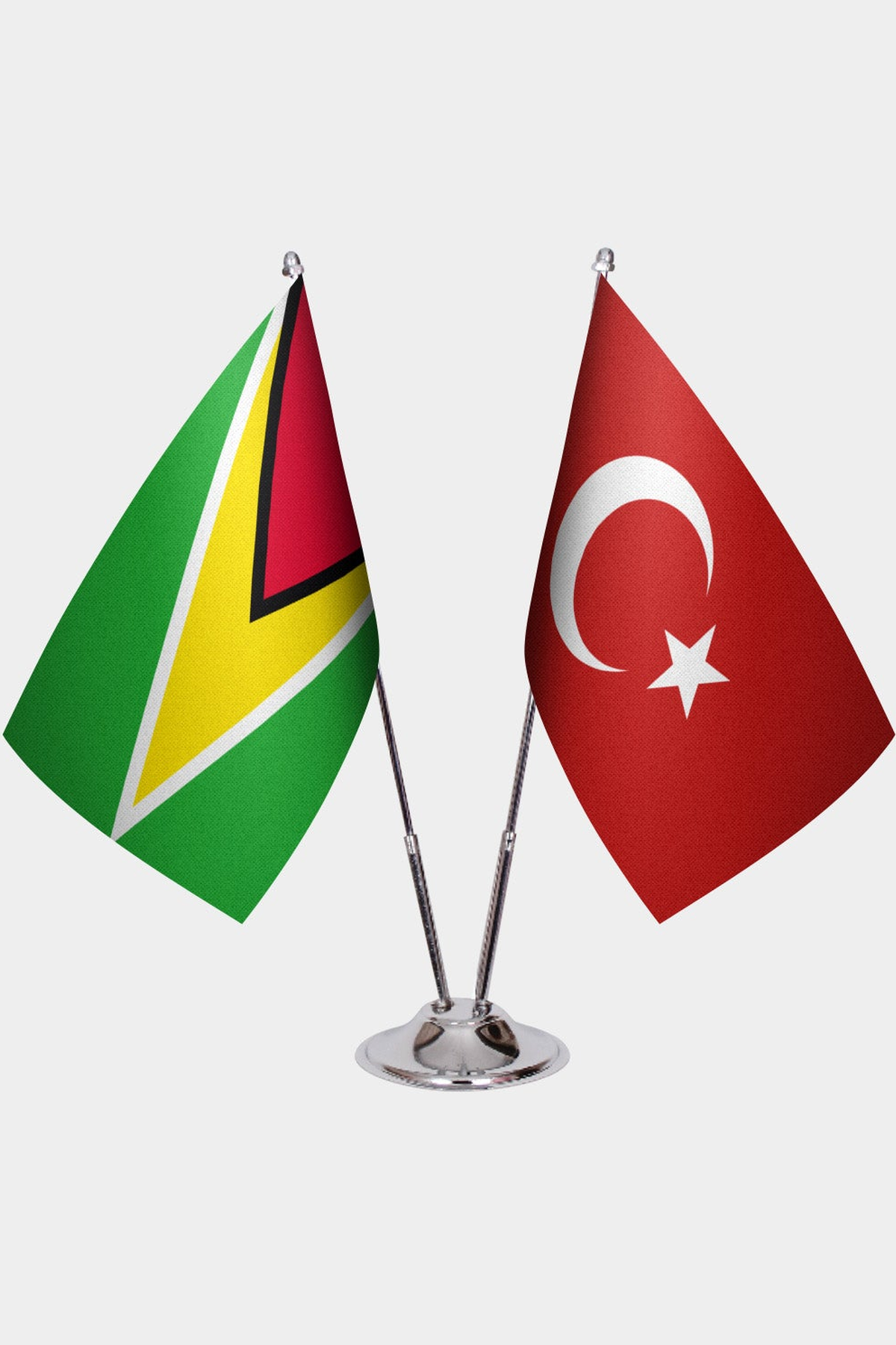Guyana and Türkiye dual desk flag set with chrome silver pedestal, satin office table flag