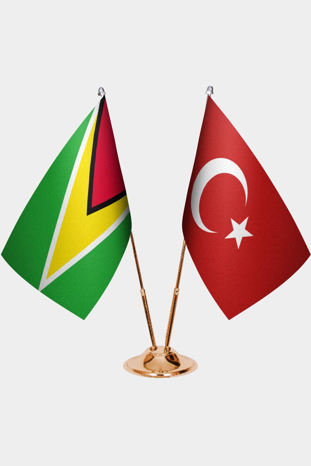 Guyana and Türkiye dual desk flag set with gold pedestal, satin office table flag