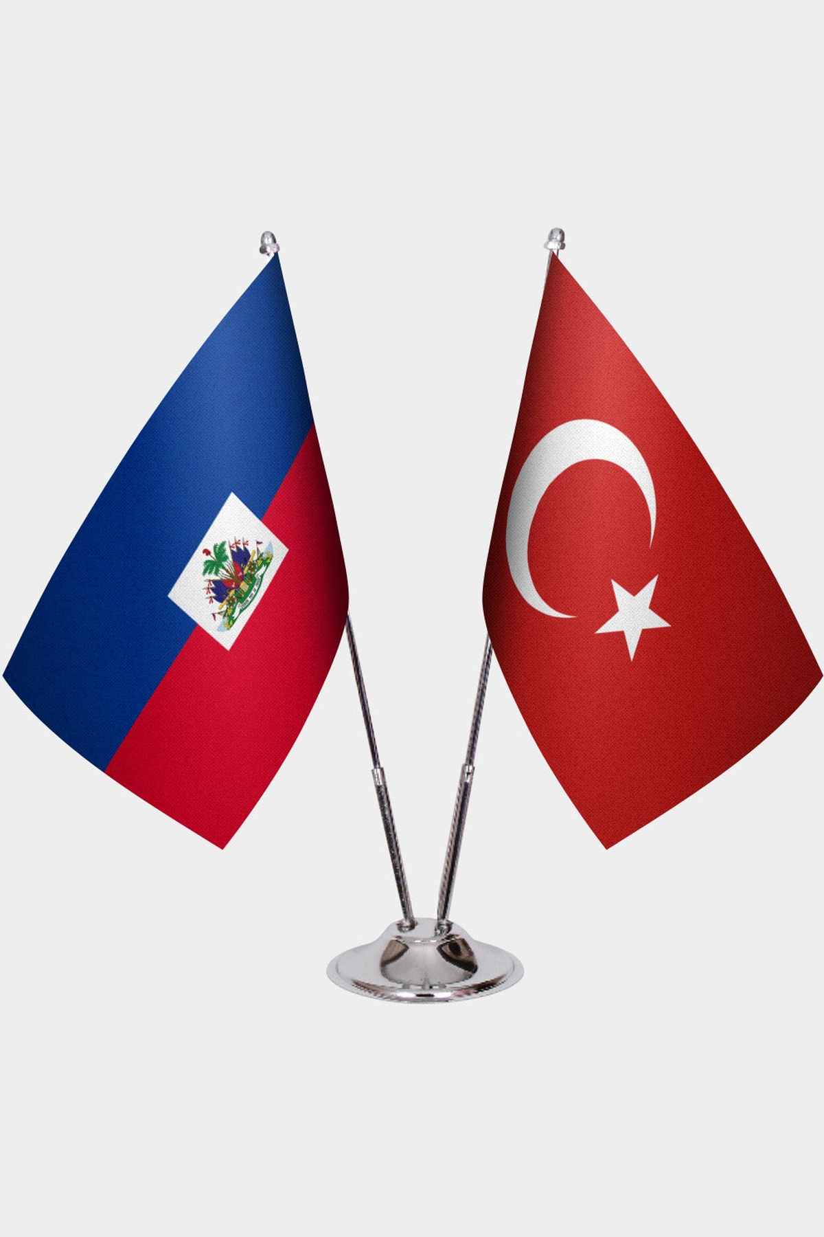 Haiti and Türkiye dual desk flag set with chrome silver pedestal, satin office table flag
