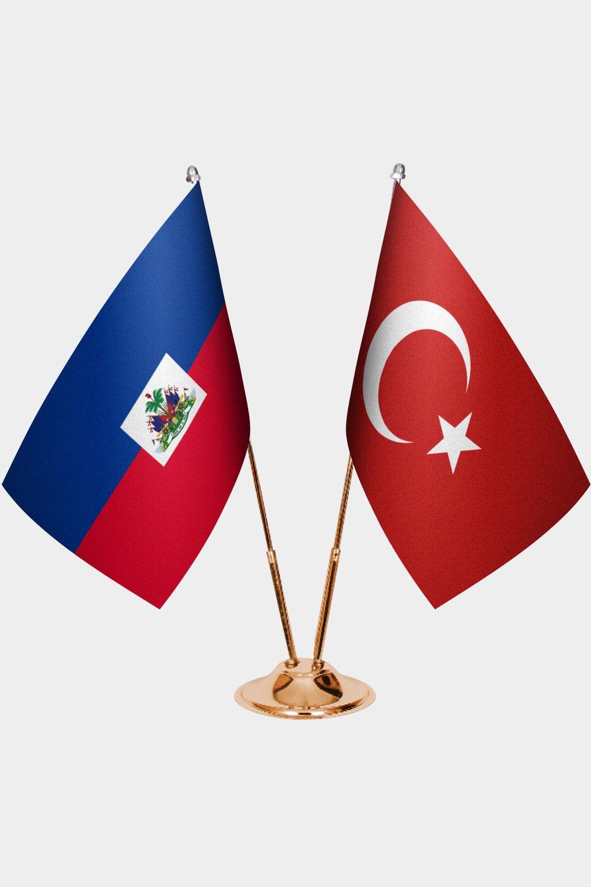Haiti and Türkiye dual desk flag set with gold pedestal, satin office table flag